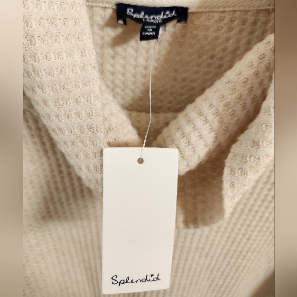 Splendid Women's Shirt Cowl Neck Waffle Knit Long Sleeve Top Cream Large NWT - Picture 2 of 8